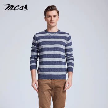 MCS men's fit version long-sleeved sweater sweater round neck pullover striped sweater cotton pure