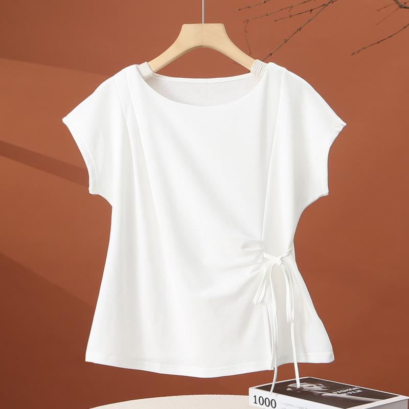 不规则白色短袖t恤女2025夏季新款抽绳收腰洋气小衫时尚女士上衣 - 图0