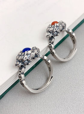 种花家无事牌S925银复古做旧工艺貔貅戒指情侣款对戒感开口简约