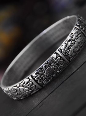 种花家无事牌复古泰银吉祥八宝手镯做旧黑色藏银手环苗银手工