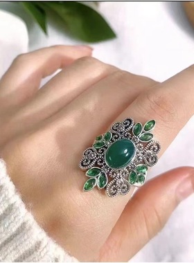 种花家无事牌新款个性国风绿野踪花丝镂空戒指复古风中式小众