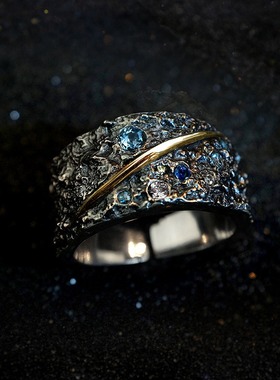 种花家无事牌银梵高男星空戒蓝宝石聆手工流星雨戒魔戒送女友