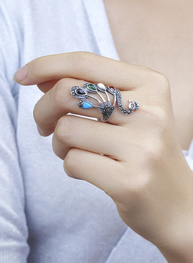 种花家无事牌925银孔雀戒指女复古开口凤凰食指戒指红石榴锆石