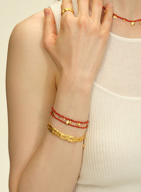 [圣诞礼物]OINICIO初印种子系列鎏金叶红玛瑙手链本命年红绳手串