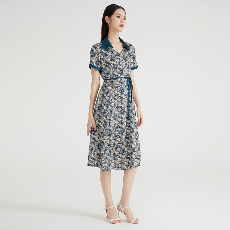 马天奴女装春秋新款墨绿色V领翻领印花连衣裙收腰长裙钉珠短袖,淘宝优惠券,粉丝福利购,淘宝优惠卷