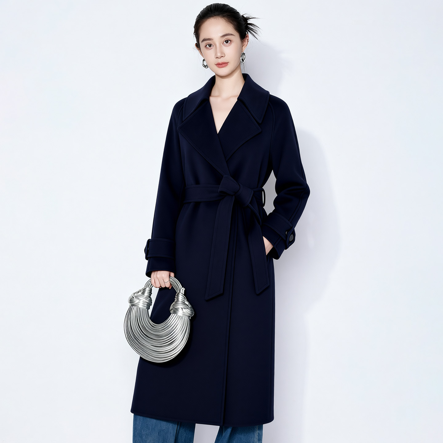 马天奴2025新款绵羊毛混山羊绒呢大衣翻领长款外套收腰带气质时尚 - 图3