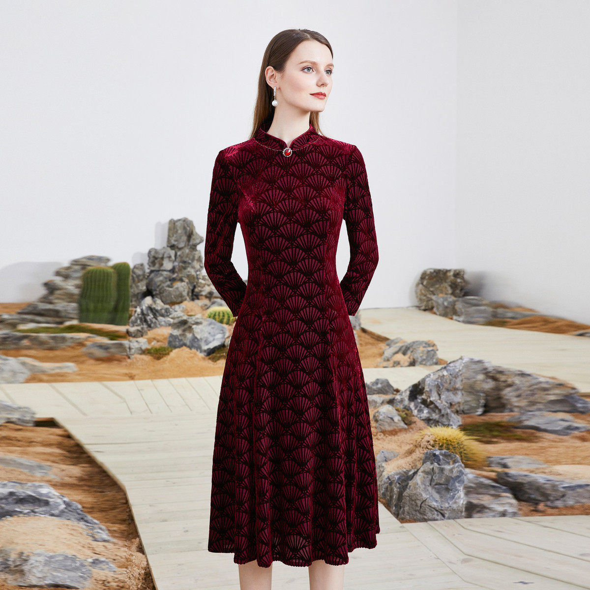 马天奴女装秋季纯色提花旗袍领针织连衣裙子长裙礼裙修身中式国风