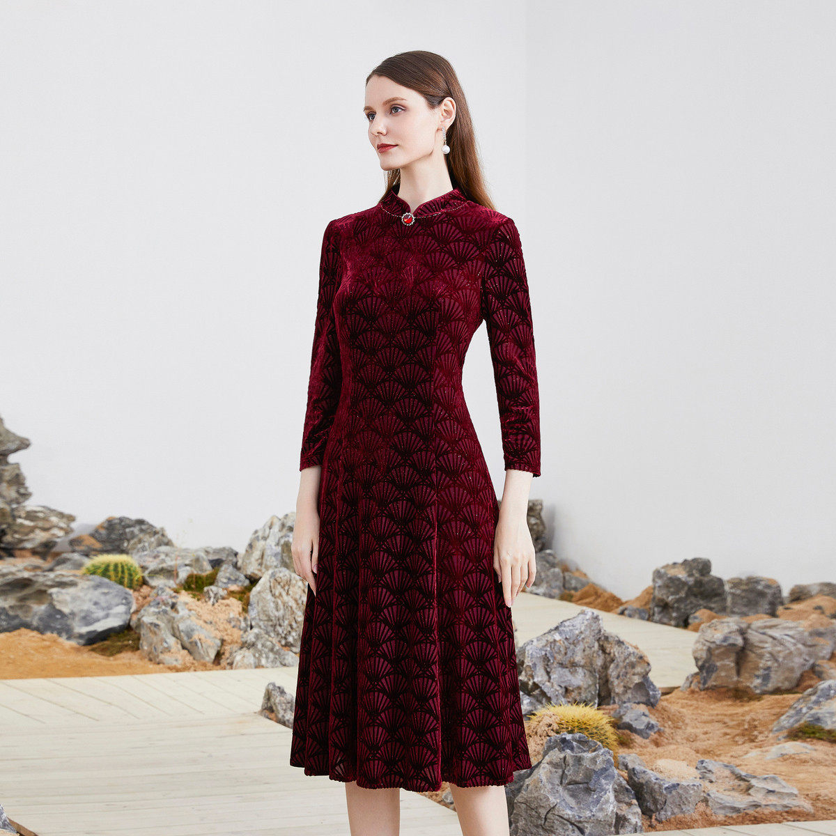 马天奴女装秋季纯色提花旗袍领针织连衣裙子长裙礼裙修身中式国风