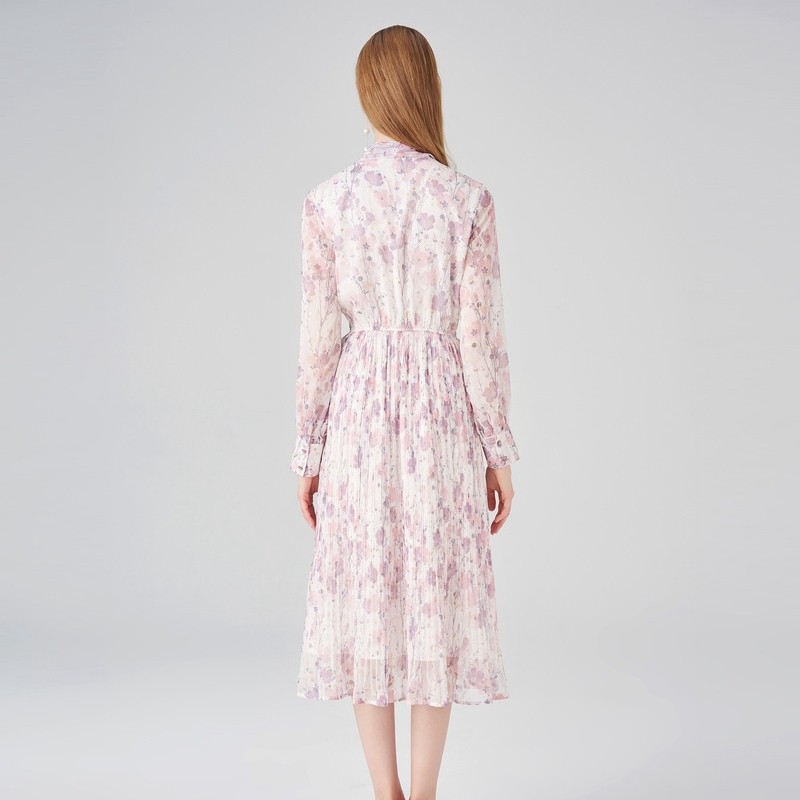 马天奴春秋新款女桃里粉色印花连衣裙子飘带领百褶雪纺裙时尚气质,淘宝优惠券,粉丝福利购,淘宝优惠卷