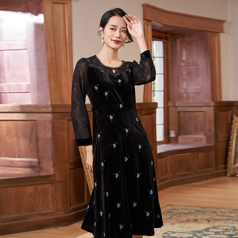 马天奴秋冬新款女蕾丝拼接丝绒连衣裙气质裙子高级感长裙宴会礼裙,淘宝优惠券,粉丝福利购,淘宝优惠卷