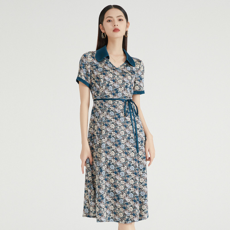 马天奴女装春秋新款墨绿色V领翻领印花连衣裙收腰长裙钉珠短袖,淘宝优惠券,粉丝福利购,淘宝优惠卷