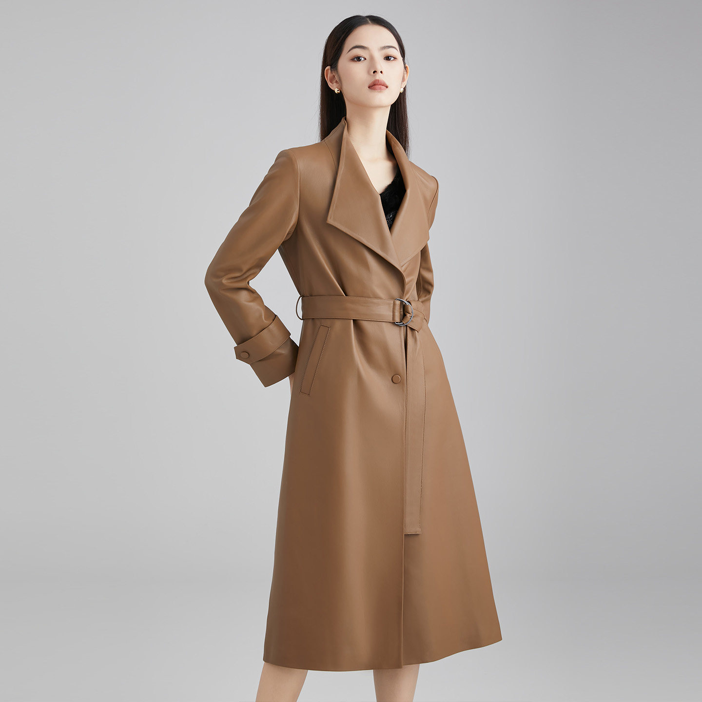 马天奴秋冬新款卡其绵羊皮衣外套翻领单排扣收腰时尚气质配腰带女,淘宝优惠券,粉丝福利购,淘宝优惠卷