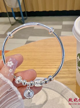 招财纳福黄财神银手镯女简约百搭