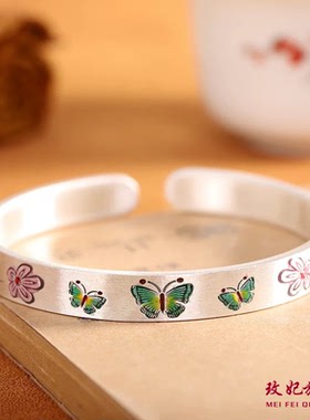 彩蝴蝶纯银手镯新中式民族风银镯