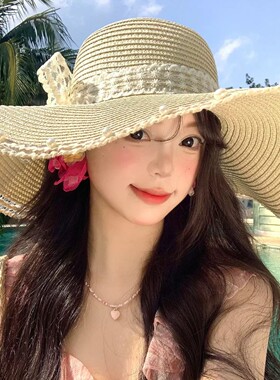 蕾丝蝴蝶结草帽女夏季海边沙滩度假遮阳防晒气质法式甜美太阳帽子