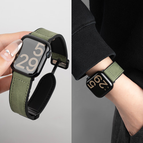 适用iWatch11苹果手表S10表带applewatch8新款3疯马纹高级真皮S11春夏S9磁吸闪扣金属S6运动7SE女6男Ultra2 - 图1