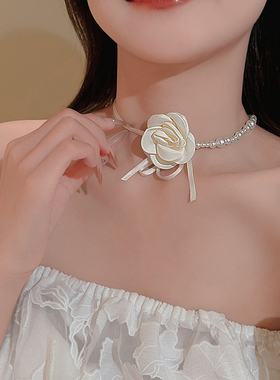 山茶花朵珍珠项链女choker锁骨链