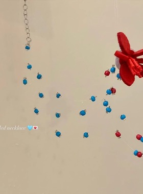 明媚多巴胺蓝红花朵流苏串珠项链女夏季锁骨链气质小众颈链饰品