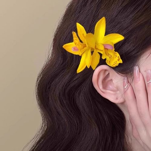 2025新款黄色兰花花朵发夹女氛围感侧边夹仿真头花发卡拍照发饰 - 图0