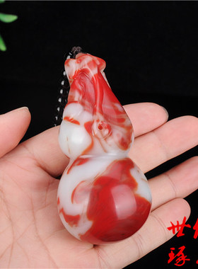 新疆鸡血玉葫芦福禄寿手把件