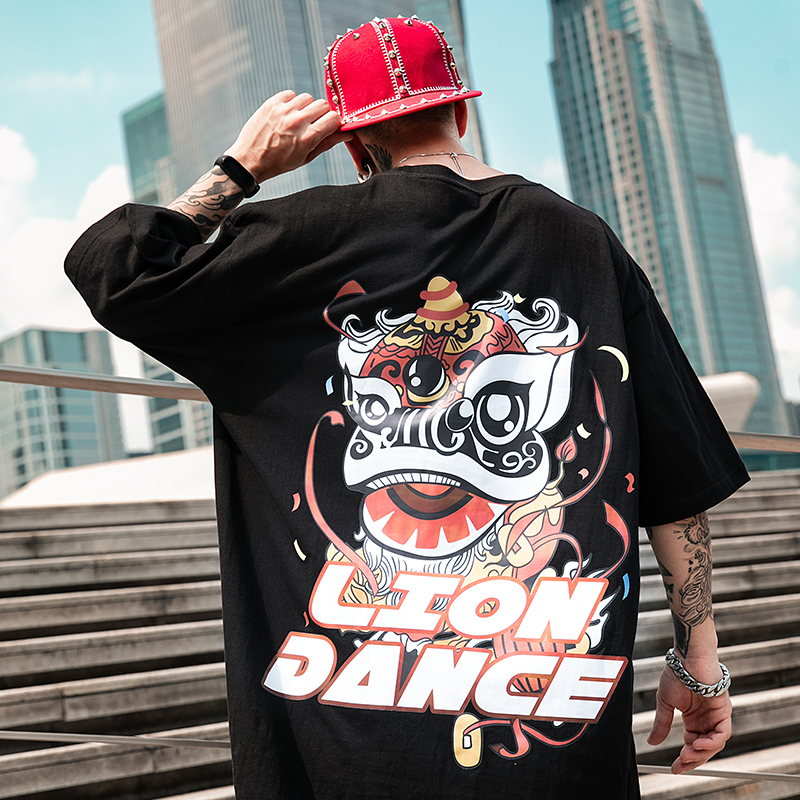 2021国潮醒狮潮牌加肥加大码短袖T恤男宽松潮流男装五分袖黑色半