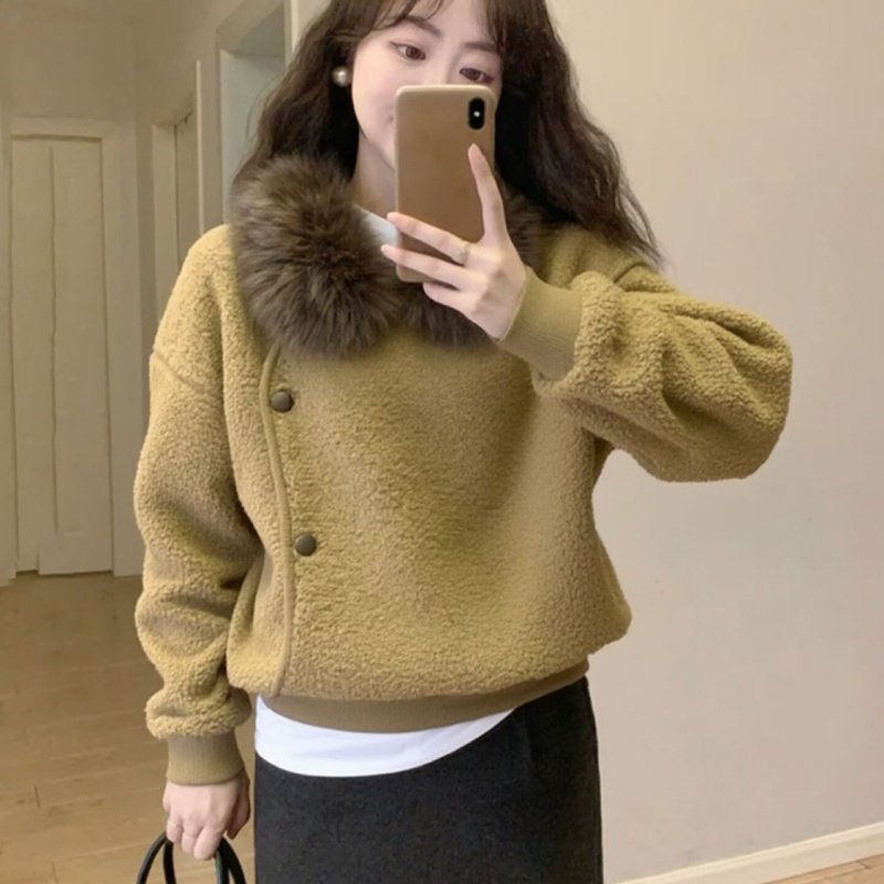 卡其色斜扣毛领羊羔毛卫衣外套女款冬季小个子短款摇粒绒加厚上衣,淘宝优惠券,粉丝福利购,淘宝优惠卷