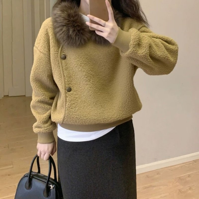 卡其色斜扣毛领羊羔毛卫衣外套女款冬季小个子短款摇粒绒加厚上衣,淘宝优惠券,粉丝福利购,淘宝优惠卷