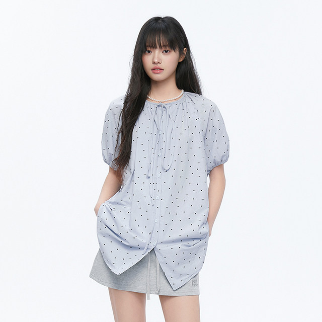 Pink ers joint style summer fresh polka dot puff sleeve shirt loose casual mid-length babydoll shirt