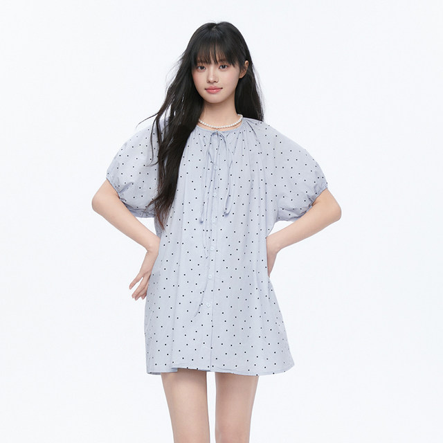 Pink ers joint style summer fresh polka dot puff sleeve shirt loose casual mid-length babydoll shirt
