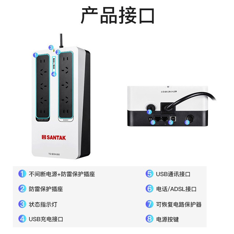 山特UPS不间断电源220v TG-BOX850电脑群晖极空间NAS家用停电备用