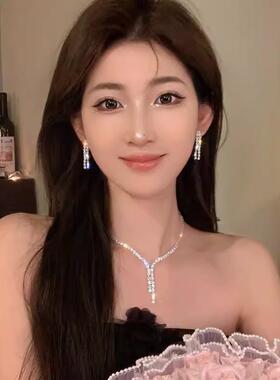 高级感闪钻耳环！轻奢小众礼服晚宴锁骨炼新娘婚纱配饰女项炼全新