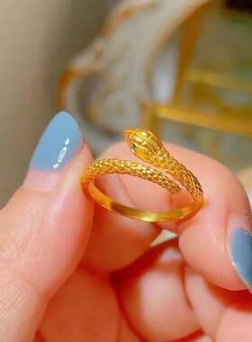 合金新款沙金灵蛇戒指 男女款设计时尚百搭气质ins开口蛇形指环