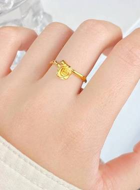 越南沙金玫瑰花戒指一体链女款气质首饰仿真金玫瑰花指环货源