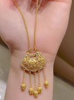 沙金古法点钻铃兰锁吊坠中式复古流苏平安锁挂坠镀金镂空锁包项链