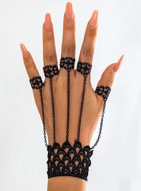 Creative Vintage Black Lace Finger Wrist Chain Rings