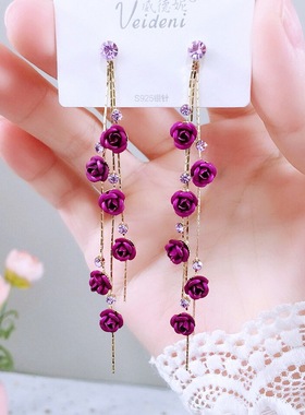 Creative long tassel rose earrings zircon chain earrings eng