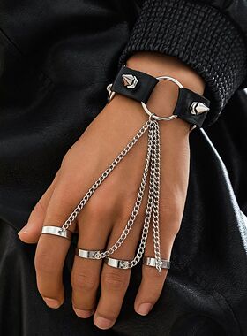 Gothic Rivet Black PU Leather Link Chain Bracelet With