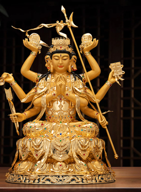 台湾纯铜斗姆神像家用鎏金摆件