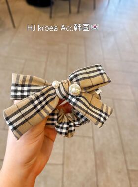 韩国版~经典英伦老钱风卡其色格子手工蝴蝶结发圈绑发头绳发饰