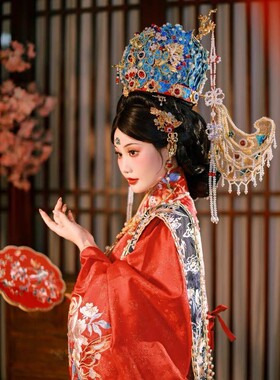 出租明制凤冠霞帔手工三翟冠汉服新娘头饰中式婚礼锦绣宫发冠头冠