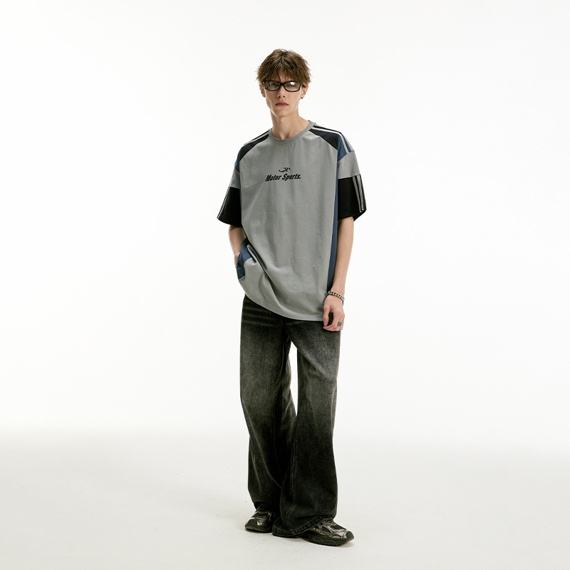 IMXS【明星同款】美式复古拼接撞色厚板印花短袖T恤男潮牌上衣 - 图2