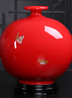 陶瓷珍藏版天地方圆花瓶富贵红礼品中国红瓷陶瓷工艺品摆件送礼