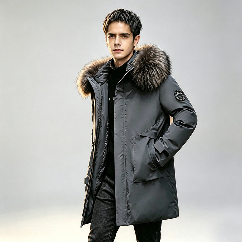 Factory direct sales winter men's white duck down down jacket couples mid-length thickened warm hooded top jacket