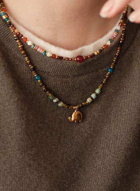 小象吊坠天然石串珠复古项链配饰女秋冬毛衣链轻奢高级感小众饰品