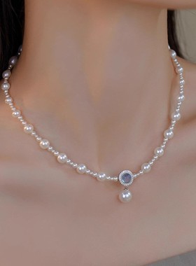 海蓝宝s925纯银珍珠项链女轻奢小众设计感锁骨链高级百搭饰品