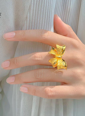 金店同款沙金999大蝴蝶结戒指女开口在逃公主蕾丝指环花丝工艺新