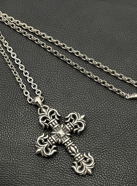 s925纯银高级感复古水滴圆环火焰十字架项链男大号吊坠经典款潮牌