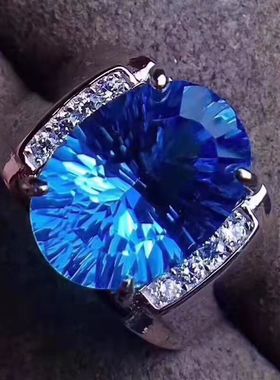 瑞士蓝托帕石戒指霸气男款千玺面切工1镶嵌活口男款