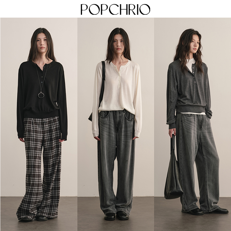 【三暖系列】120S可机洗纯羊毛亨利领毛针织衫薄款宽松长袖上衣女 - 图1