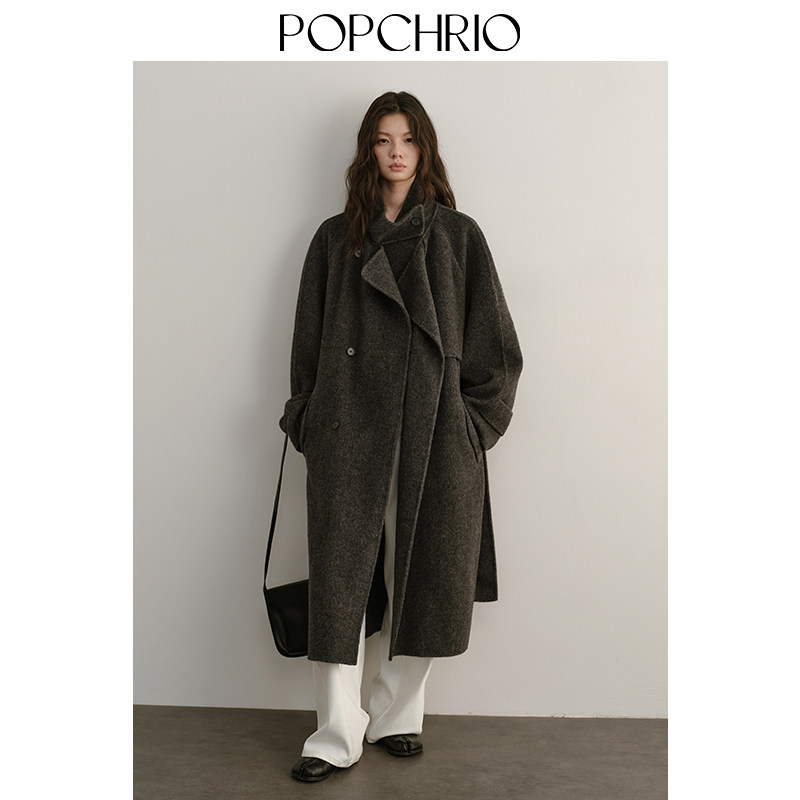 POPCHRIO欧可芮◆100绵羊毛立领风衣型双面呢大衣保暖毛呢外套女,淘宝优惠券,粉丝福利购,淘宝优惠卷